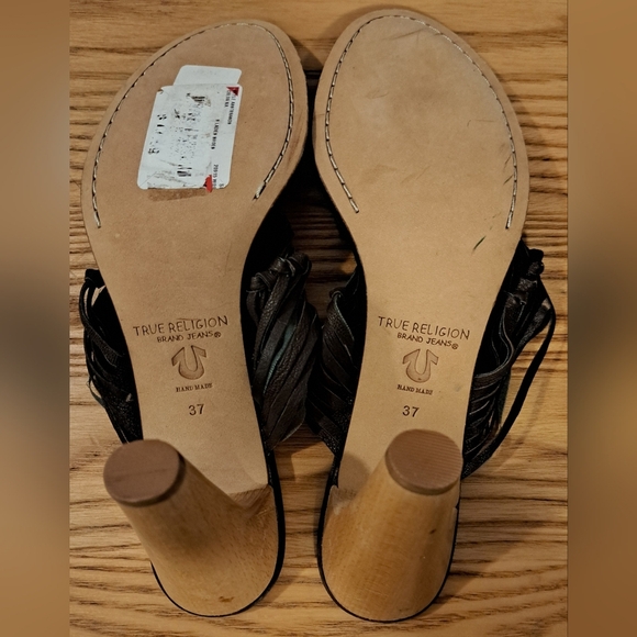 NWT Y2K True Religion Brown Leather Boho Indie Neutral Sandal Heel Shoe SZ 37EU - Picture 6 of 9